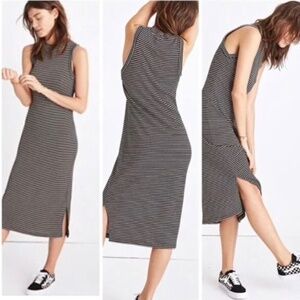 Madewell Women's Wool Blend Mockneck Midi Dress in Black/White Stripe